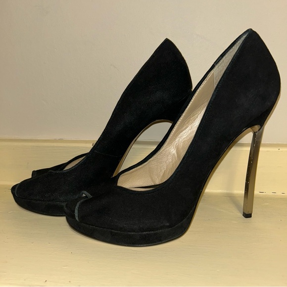 Nine West Leather Suede Open Peep Toe Heels w/ metal heel - Picture 3 of 11
